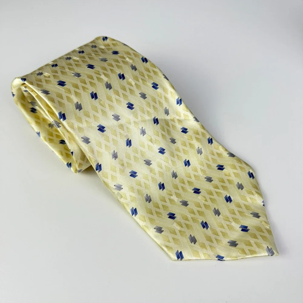 Pierre Cardin Mens Yellow Blue‎ Patterned Satin Silk Necktie Business Casual